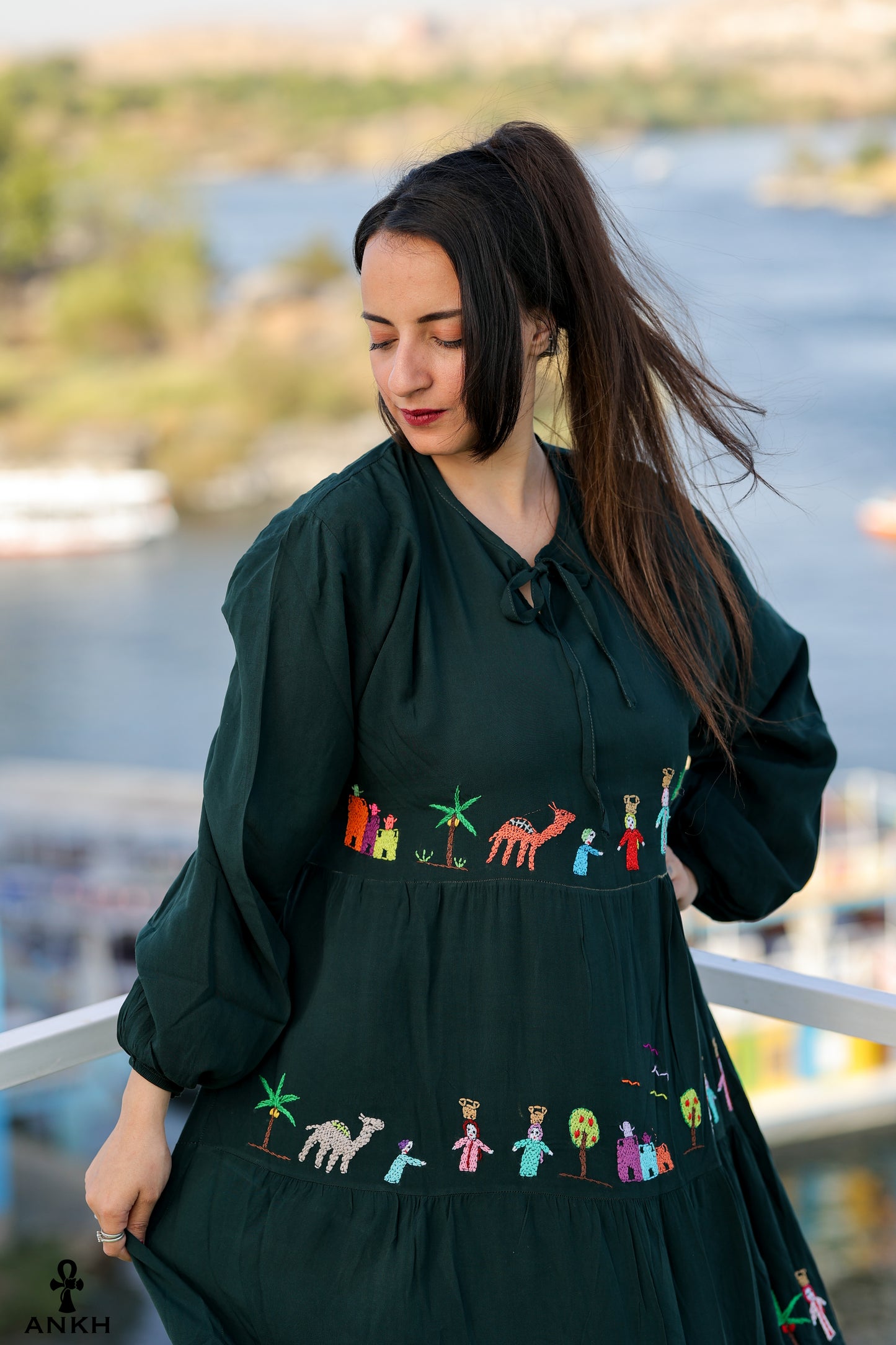 Long Dress for women with Egyptian heritage hand-made embroidery by Egyptian brand Ankh Egypt for authentic Egyptian fashion