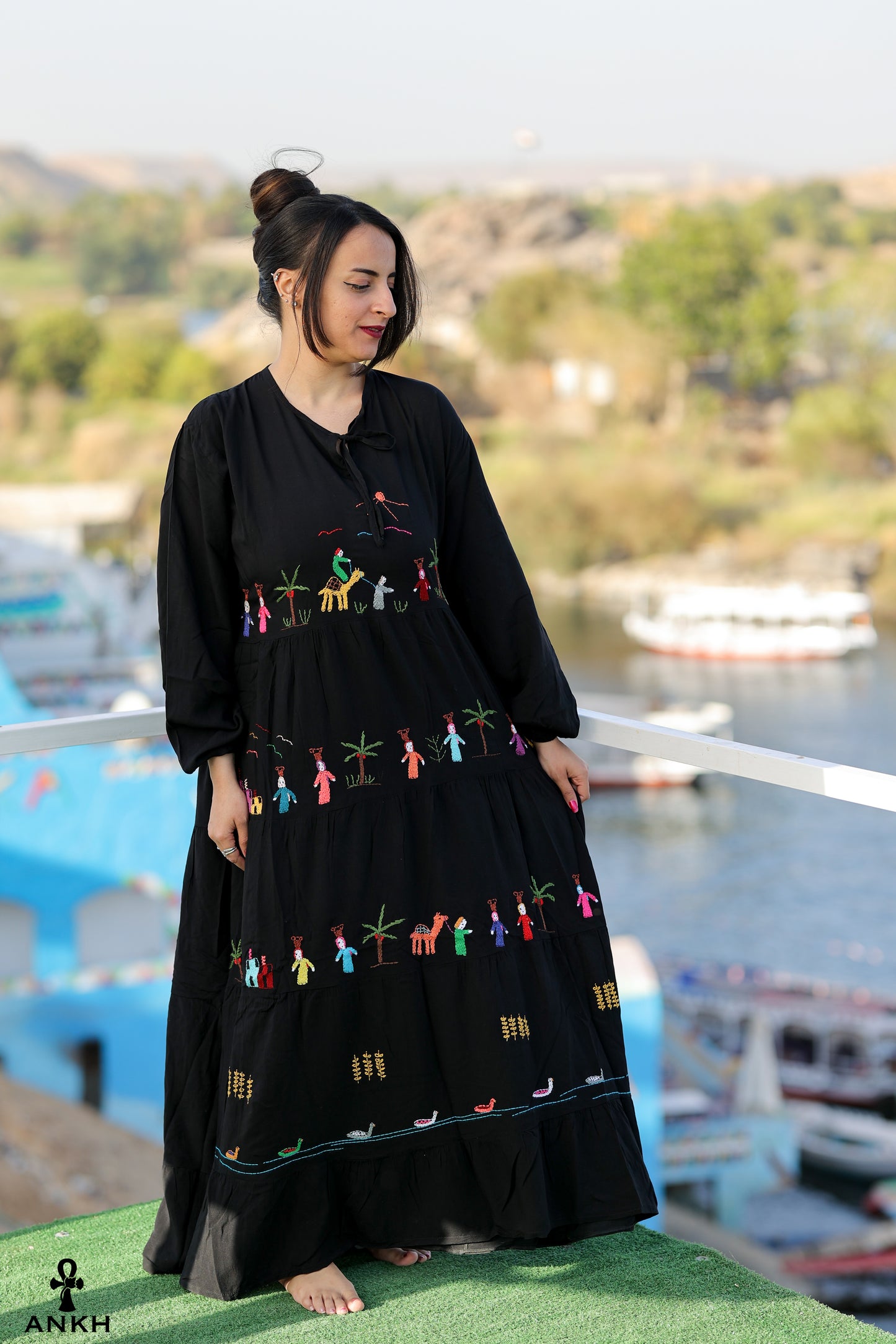 Long Dress for women with Egyptian heritage hand-made embroidery by Egyptian brand Ankh Egypt for authentic Egyptian fashion