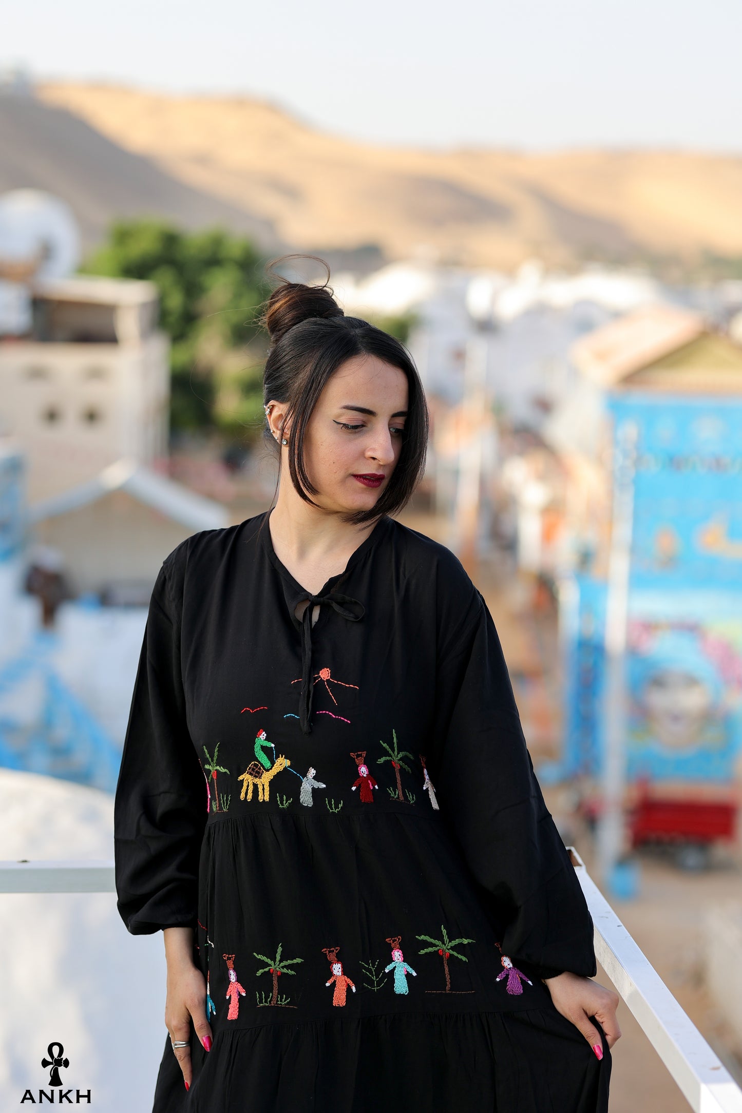 Long Dress for women with Egyptian heritage hand-made embroidery by Egyptian brand Ankh Egypt for authentic Egyptian fashion