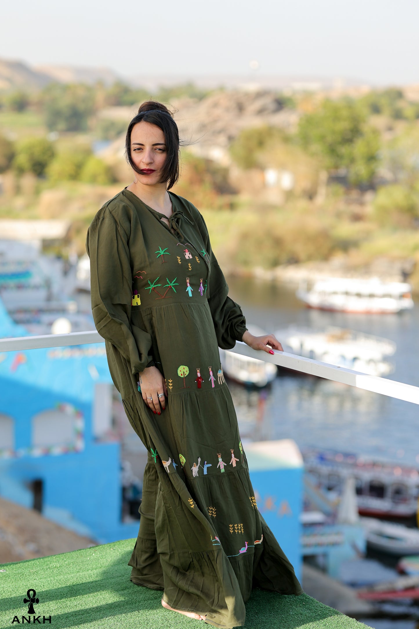 Long Dress for women with Egyptian heritage hand-made embroidery by Egyptian brand Ankh Egypt for authentic Egyptian fashion