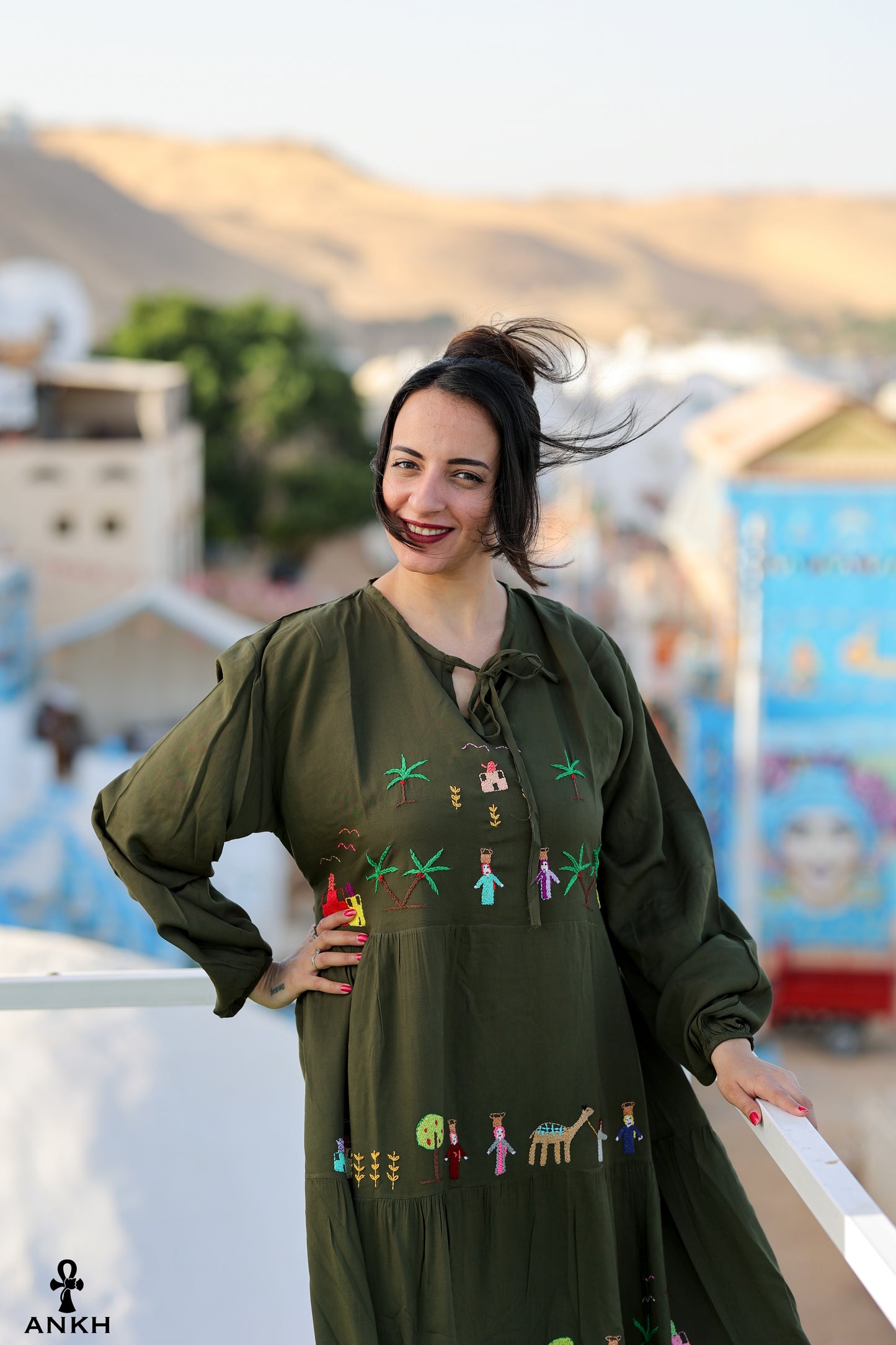 Long Dress for women with Egyptian heritage hand-made embroidery by Egyptian brand Ankh Egypt for authentic Egyptian fashion