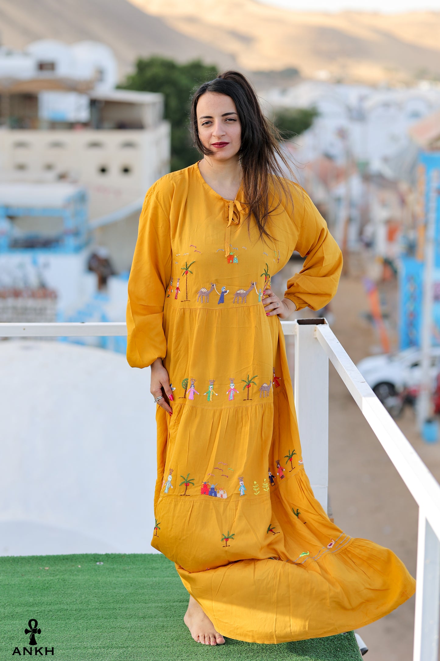 Long Dress for women with Egyptian heritage hand-made embroidery by Egyptian brand Ankh Egypt for authentic Egyptian fashion