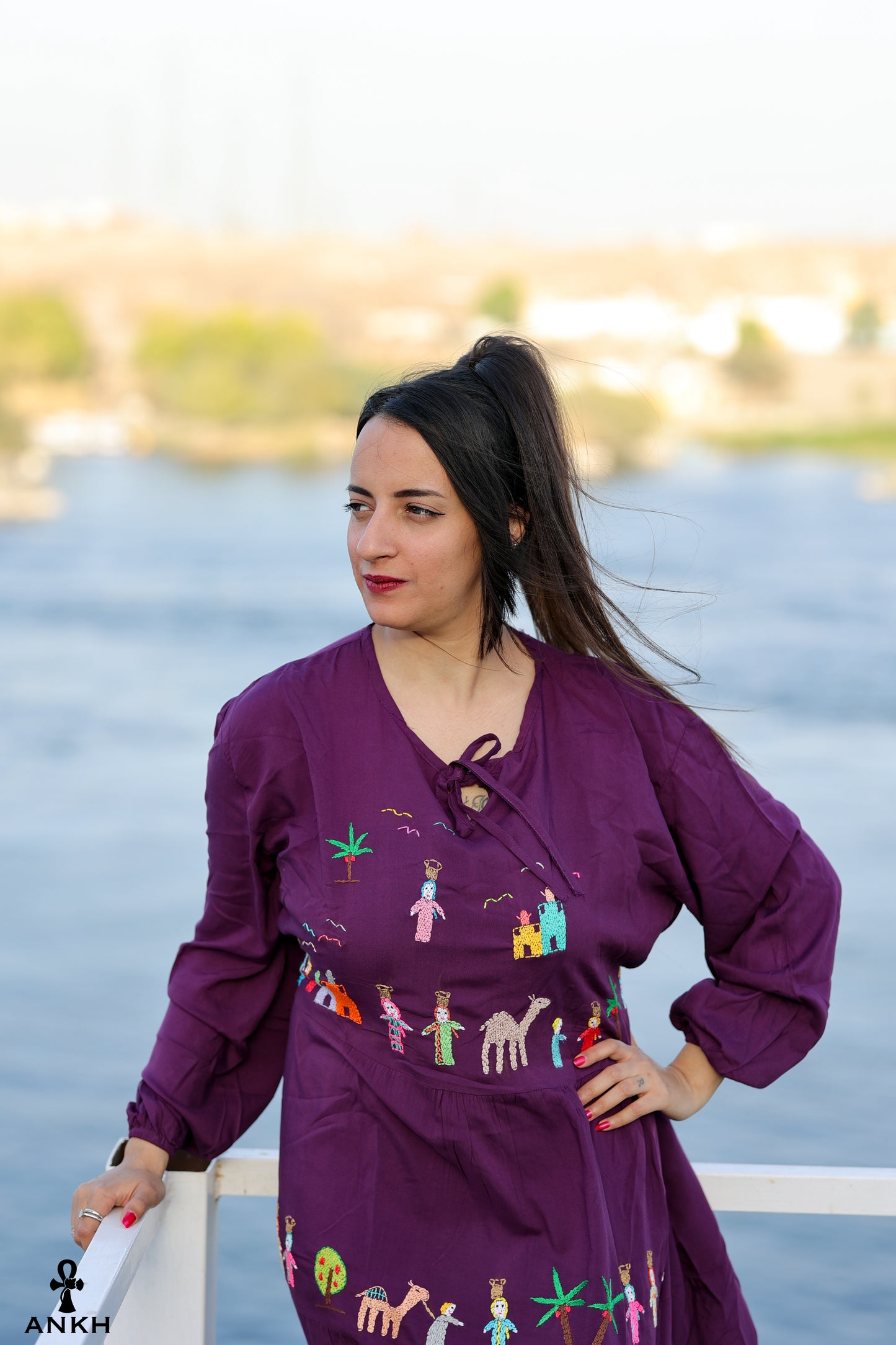 Long Dress for women with Egyptian heritage hand-made embroidery by Egyptian brand Ankh Egypt for authentic Egyptian fashion