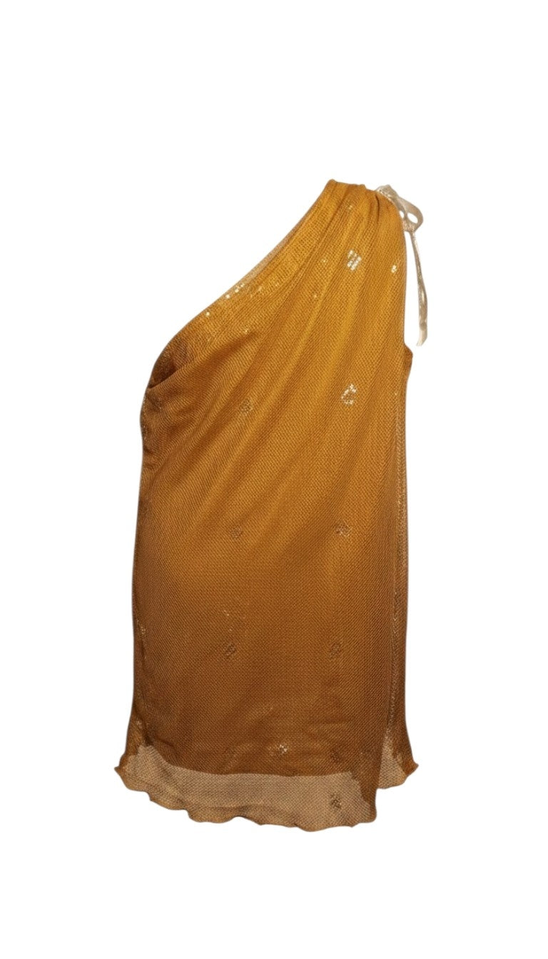 Mustard yellow one-shoulder tally blouse with patterns on a white background