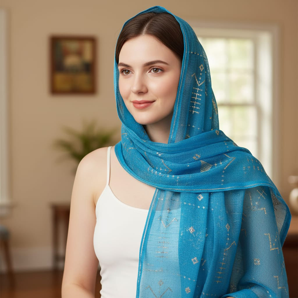 Woman wearing a blue scarf with a pattern in a room setting