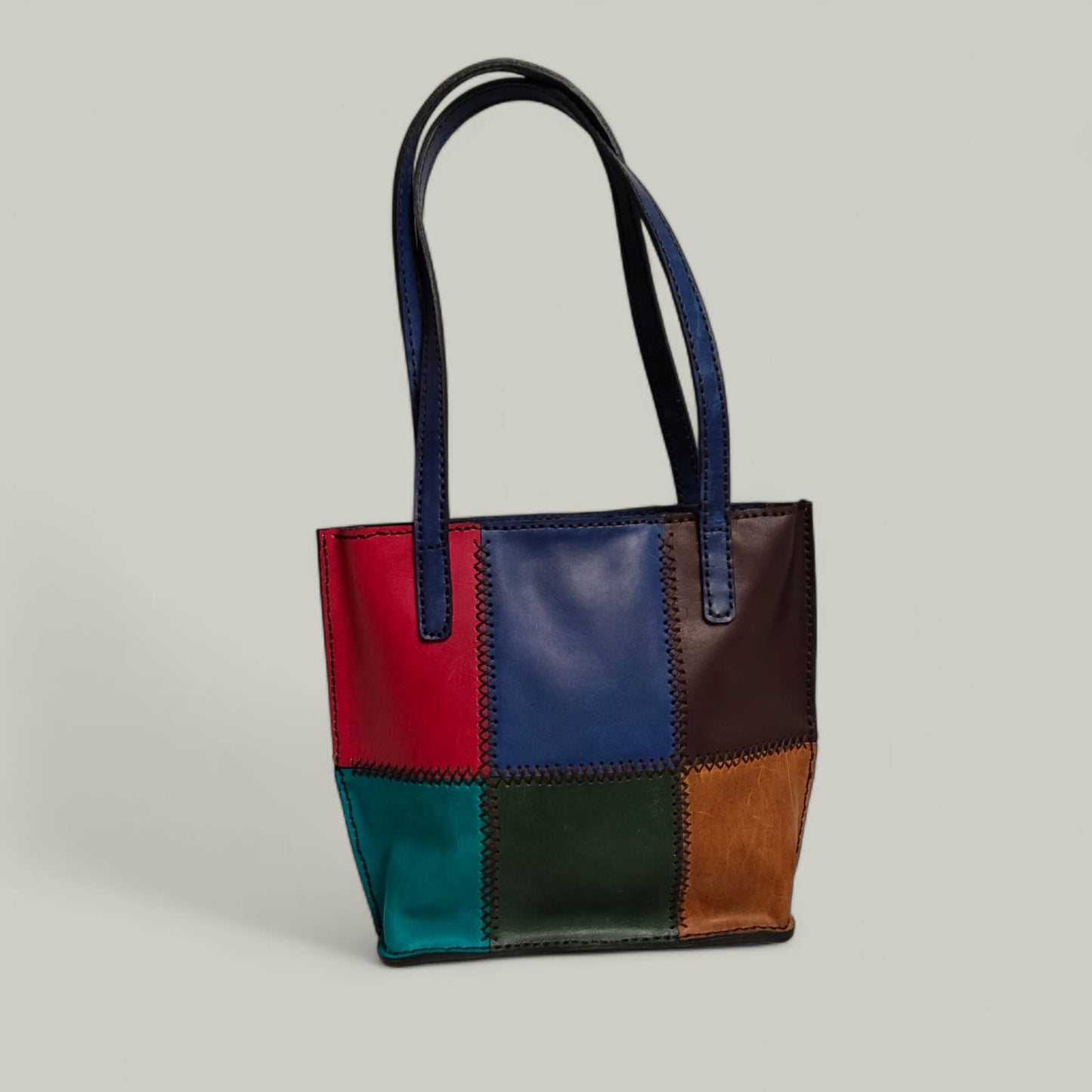 ANKH Hand-Made Genuine Leather Colorful Patchwork Tote Bag