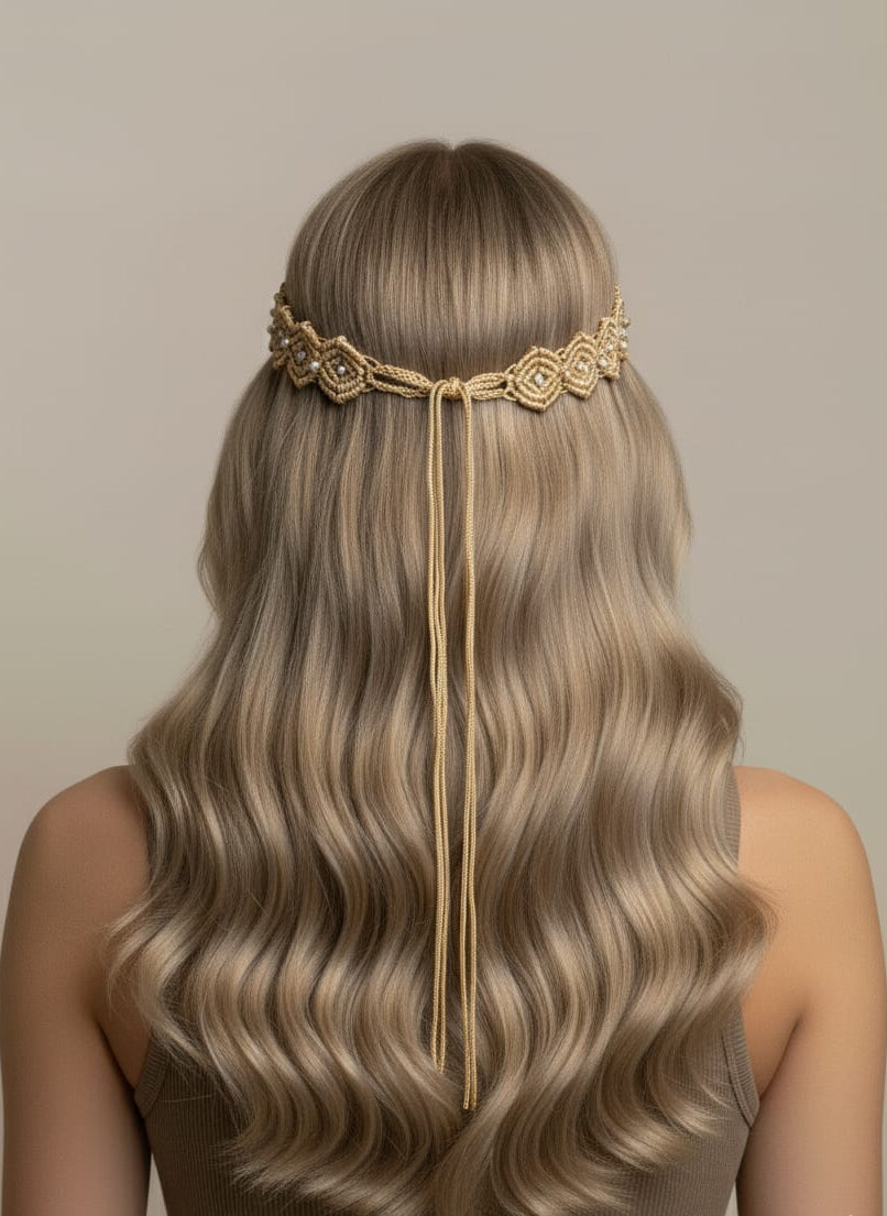 Woman with long blonde hair wearing a decorative gold headband against a neutral background