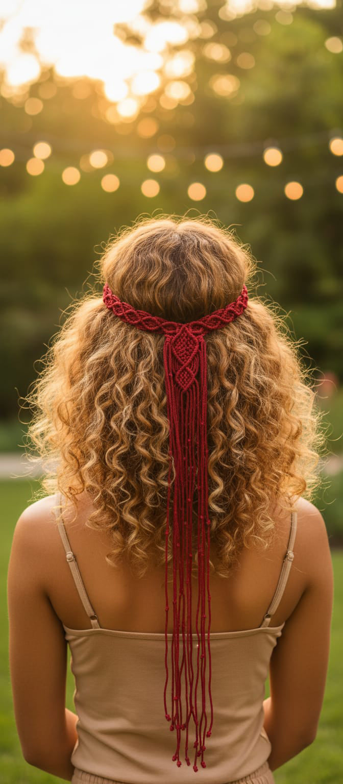 Person with curly hair wearing a red macrame headband against a sunset background