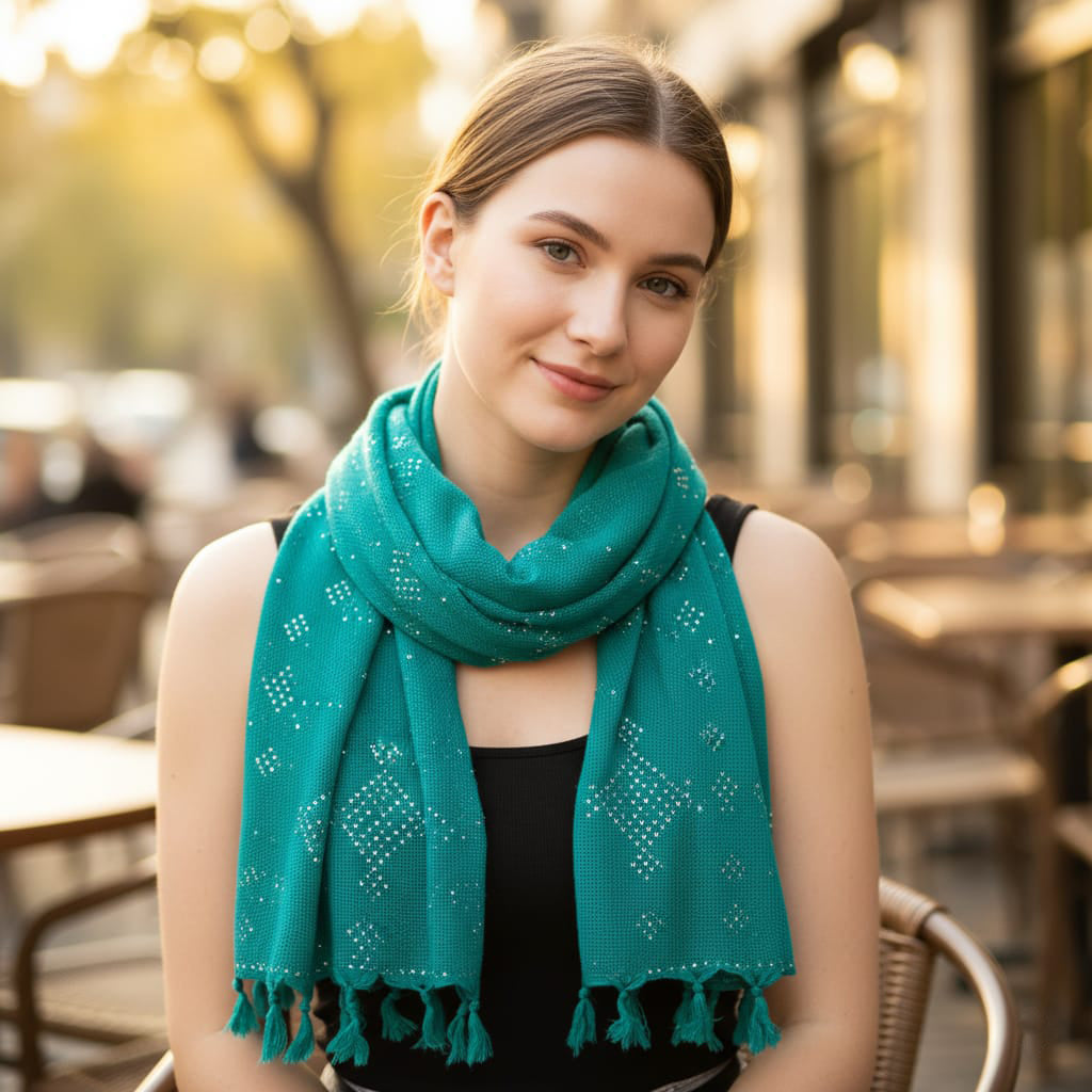Woman wearing a teal scarf in an outdoor setting