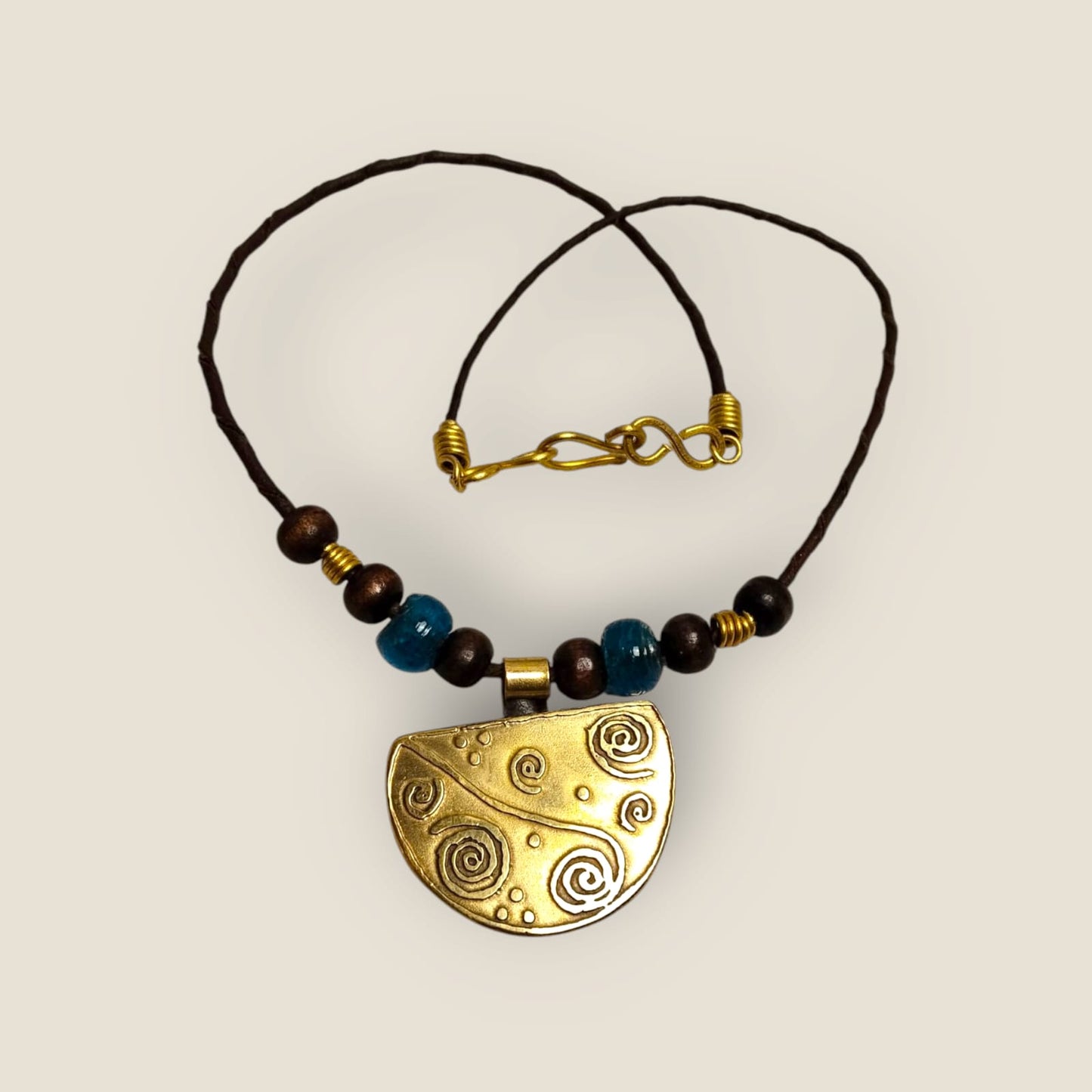 Ancient-Inspired Copper Pendant Necklace with Leather Cord & Gemstone Beads