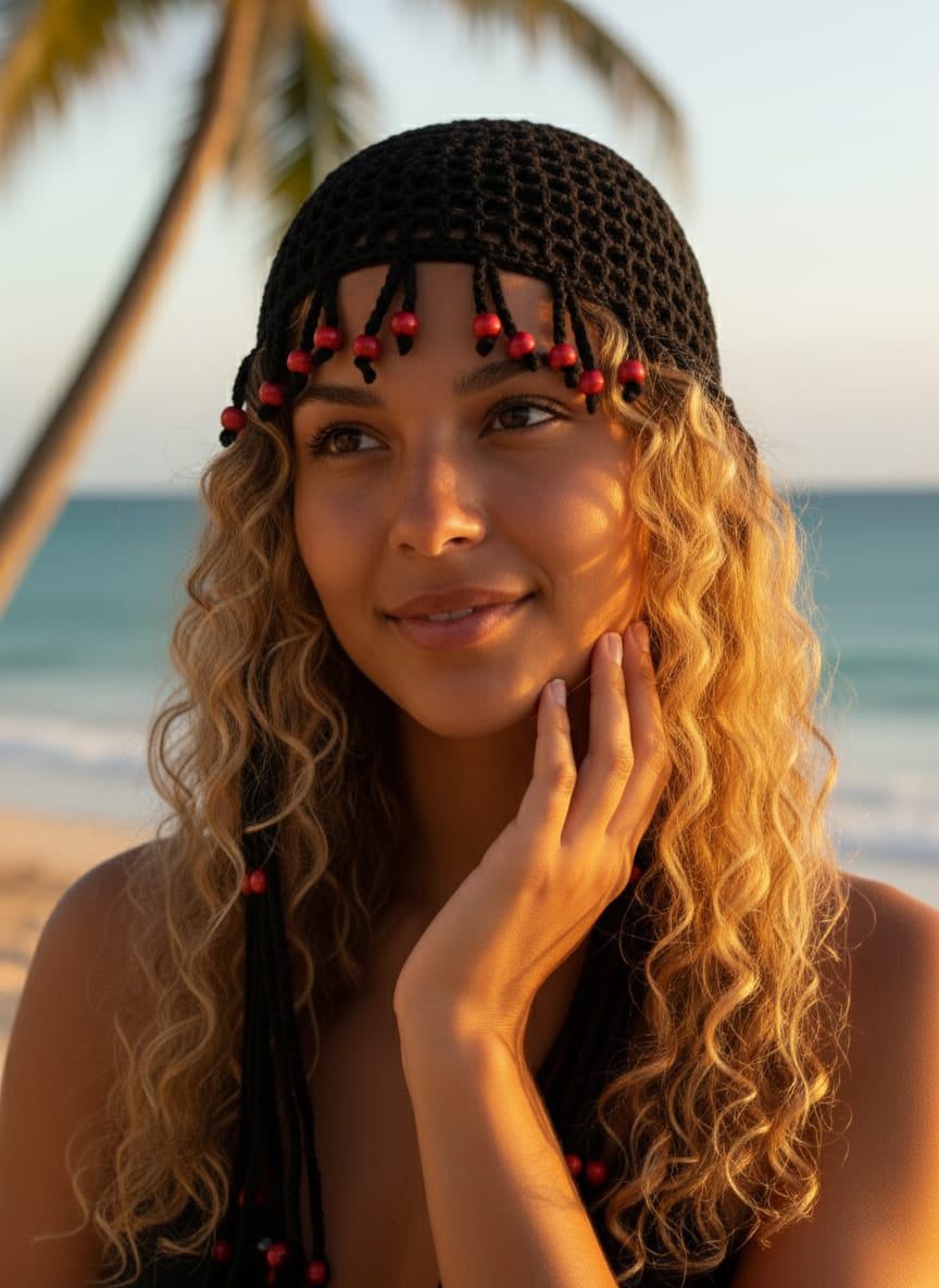 Woman with a black headscarf and red beads on a beach