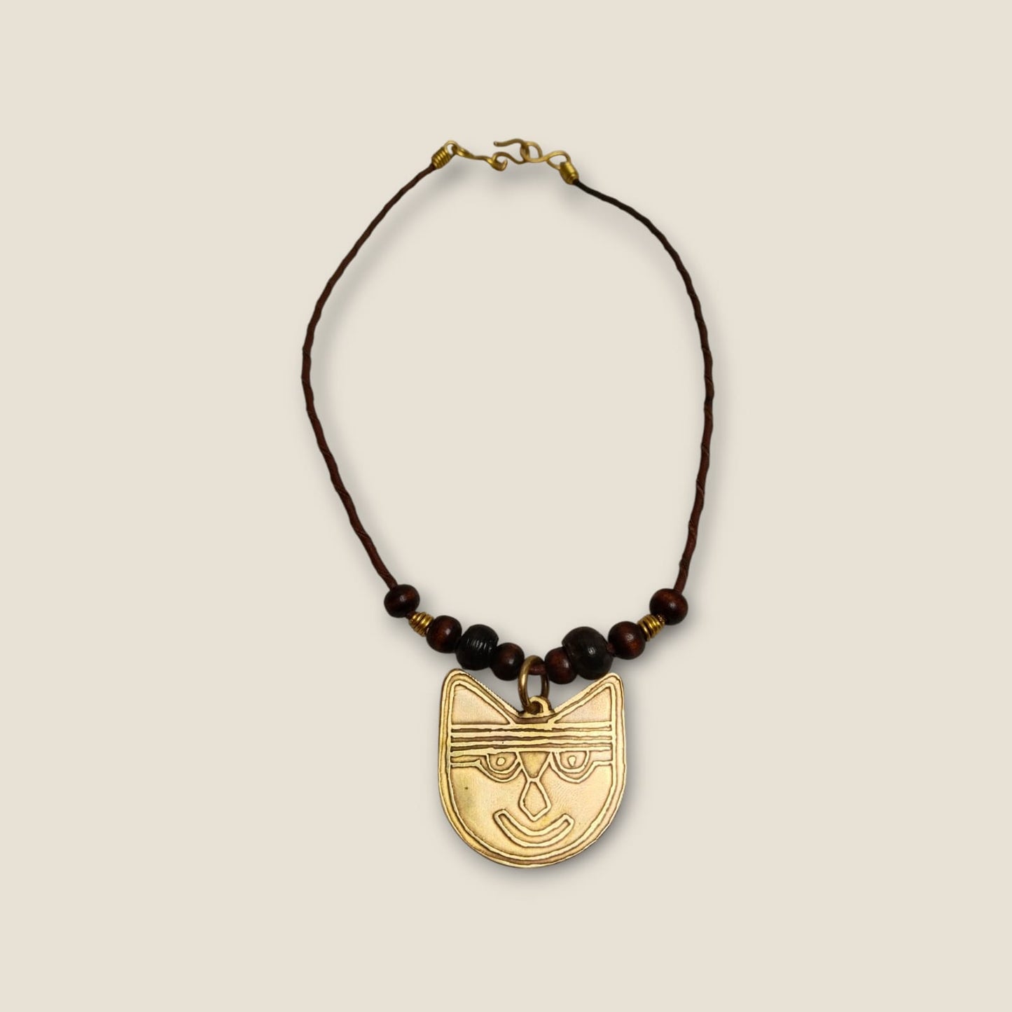 Ancient-Inspired Copper Pendant Necklace with Leather Cord & Gemstone Beads