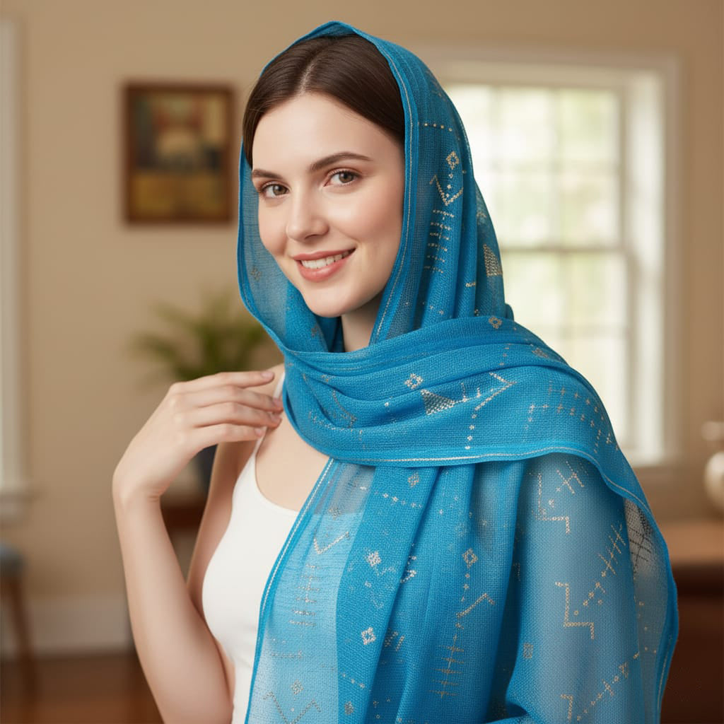 Woman wearing a blue scarf with a pattern in a room with a window and plant.