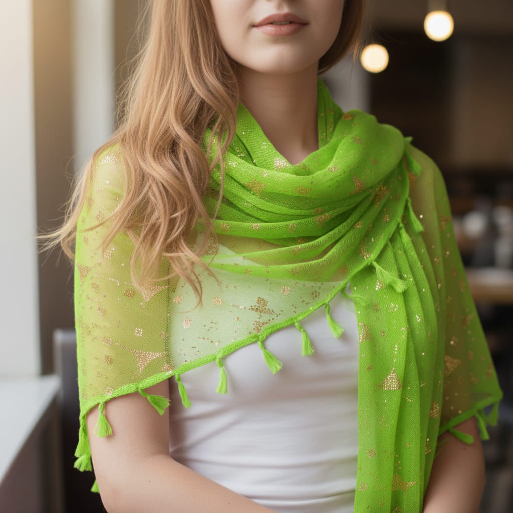 Woman wearing a green scarf with gold patterns indoors