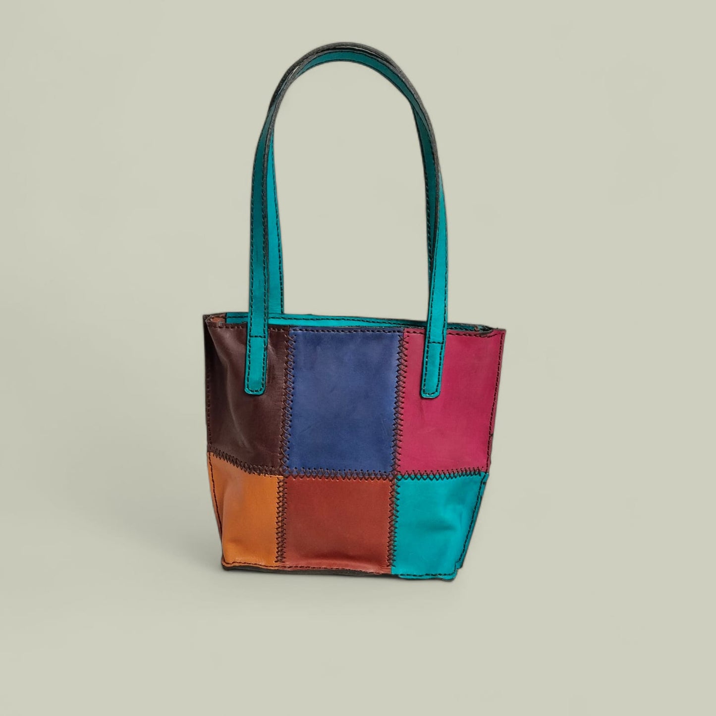 ANKH Hand-Made Genuine Leather Colorful Patchwork Tote Bag