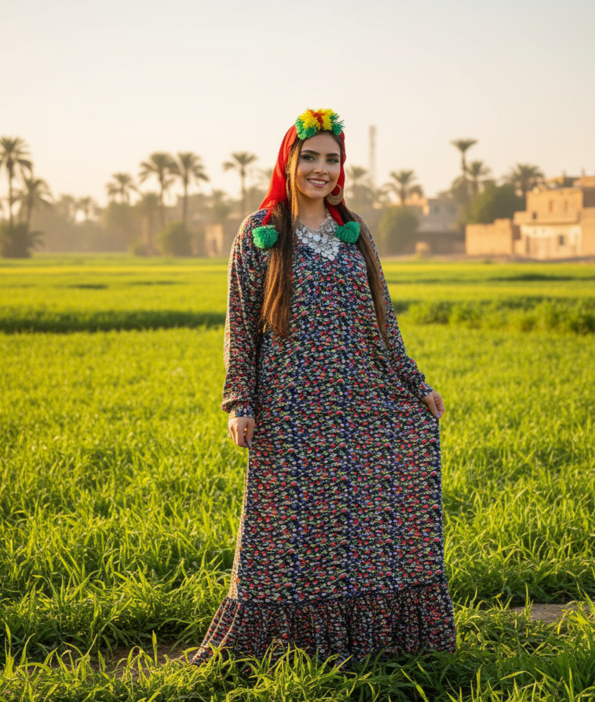 Traditional Fallahi Gallabia (Jellabiya) - Floral - Egyptian Traditional Dress for women by Ankh