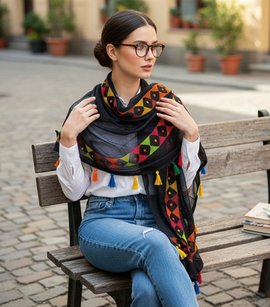 Woman sitting on a bench wearing a colorful patterned scarf in an outdoor setting.