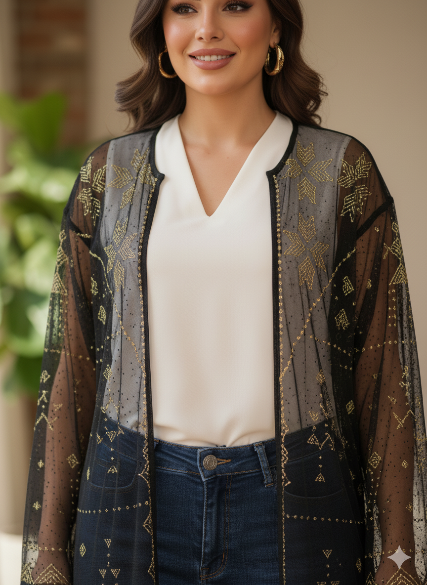 Woman wearing a black lace Tally tunic over a white blouse and blue jeans in a modern living room