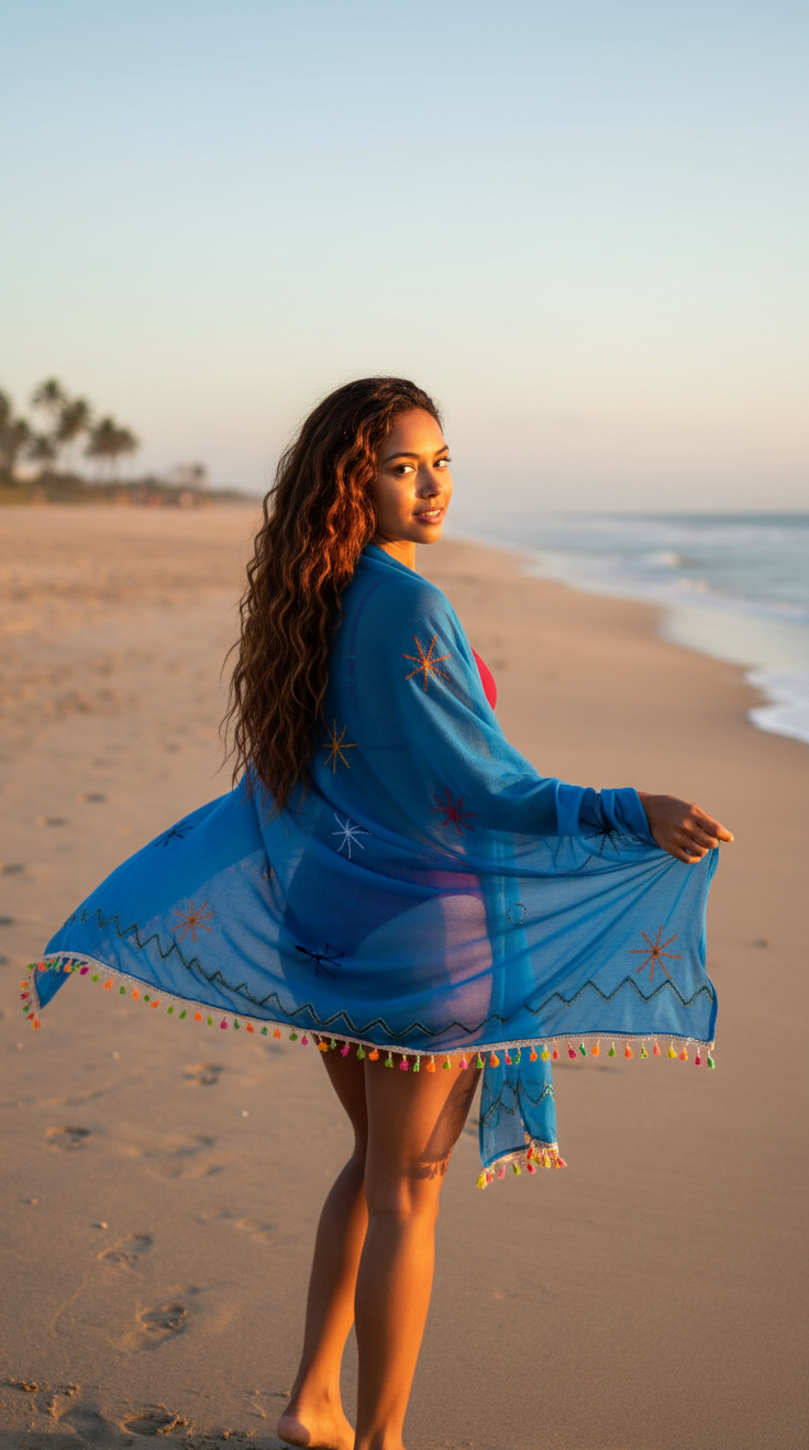Woman standing on a beach wearing a blue cover-up with a sunset in the background