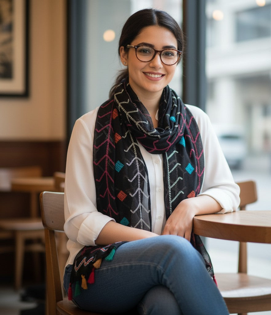 Woman wearing a colorful scarf sitting at a table in a cafe