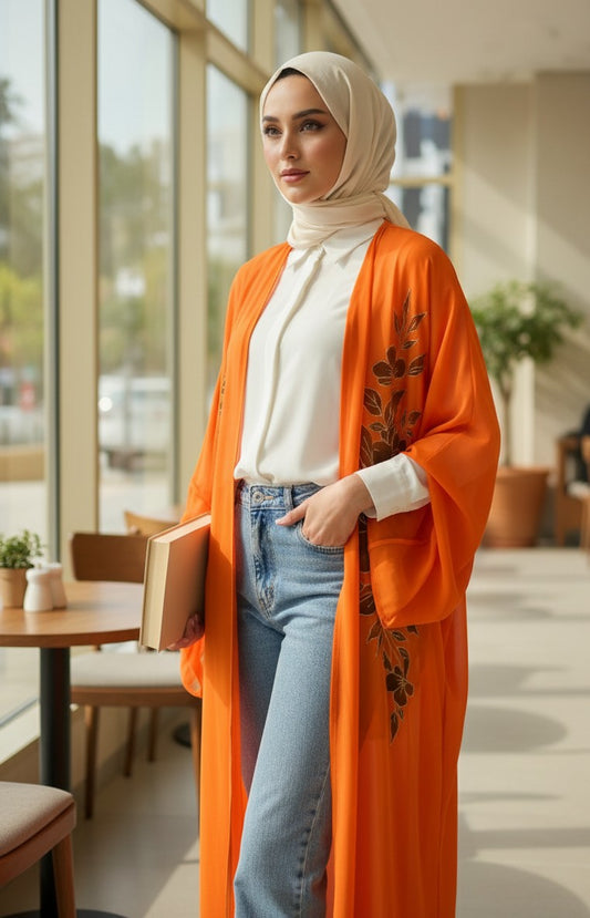 Woman wearing an orange cardigan with floral embroidery in a modern cafe.