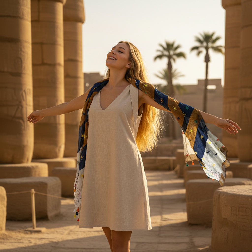 Woman in a white dress with a colorful scarf standing in front of ancient stone columns and palm trees.