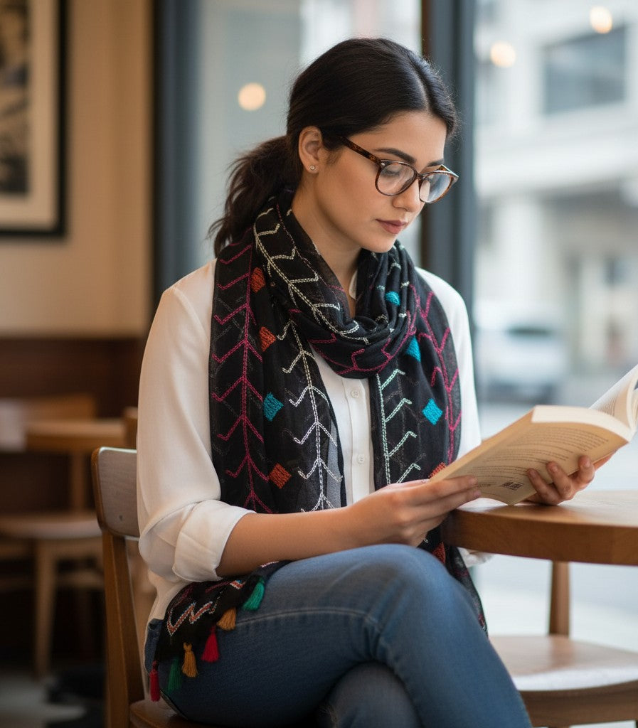 Woman reading a book in a cafe wearing a colorful scarf