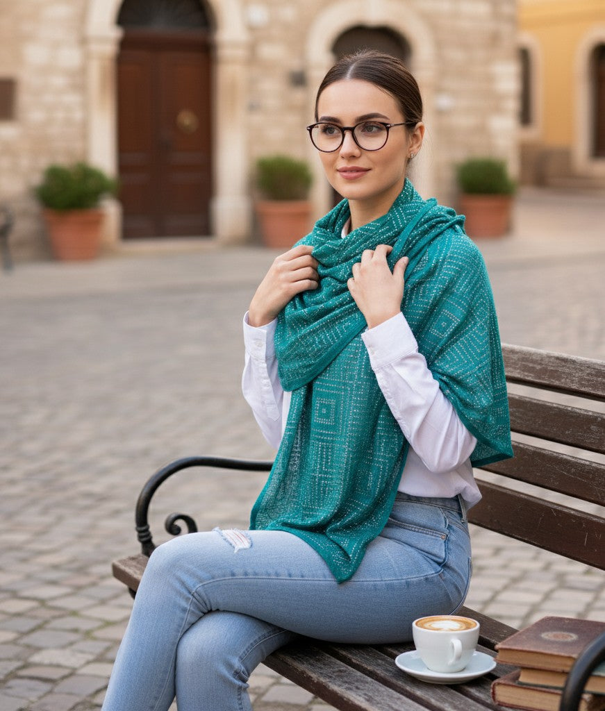 Woman sitting on a bench wearing a teal knitted shawl in an urban setting.