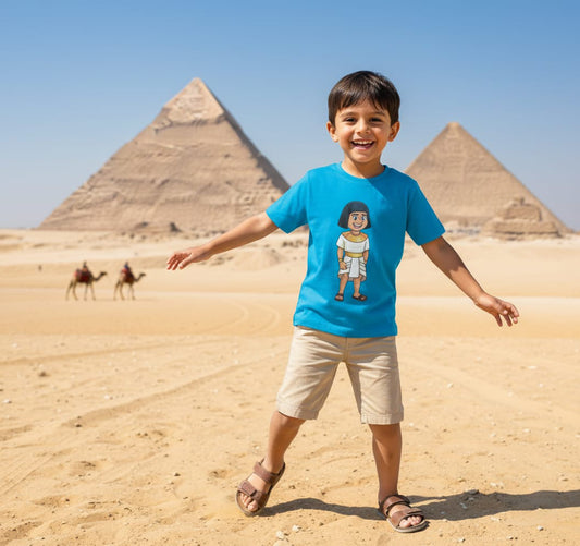 Child wearing a blue t-shirt with an illustration of an ancient Egyptian figure, standing in front of pyramids and camels.