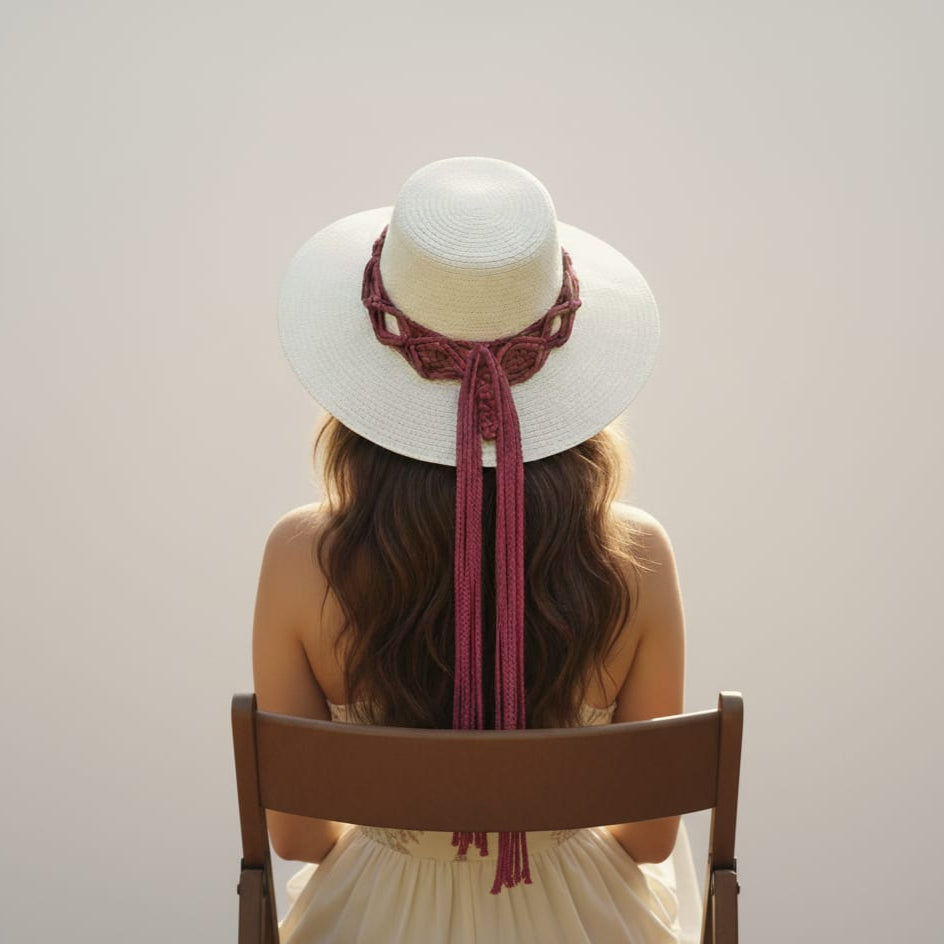 Person wearing a white sun hat with a red ribbon, sitting on a wooden chair against a plain background.