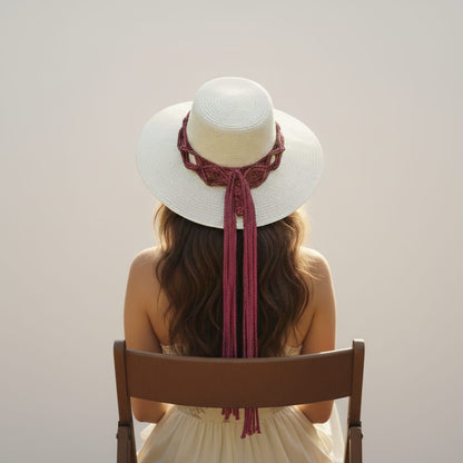Person wearing a white sun hat with a red ribbon, sitting on a wooden chair against a plain background.