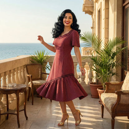 Woman smiling on a balcony wearing a vintage red pinstripe Alexandrian dress with a ruffled hem, Egyptian folklore fashion