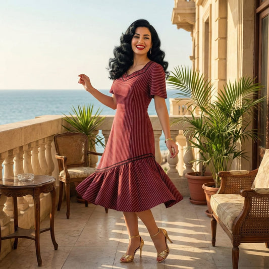 Woman smiling on a balcony wearing a vintage red pinstripe Alexandrian dress with a ruffled hem, Egyptian folklore fashion