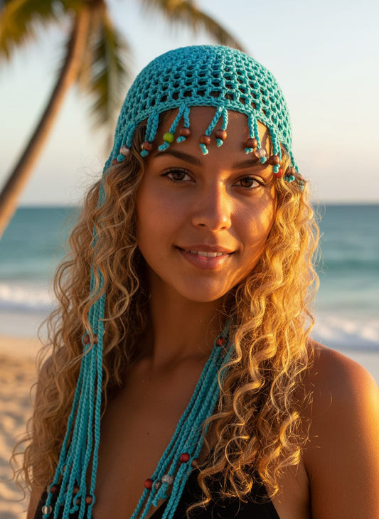 Woman wearing a turquoise crochet headband with beads on a beach