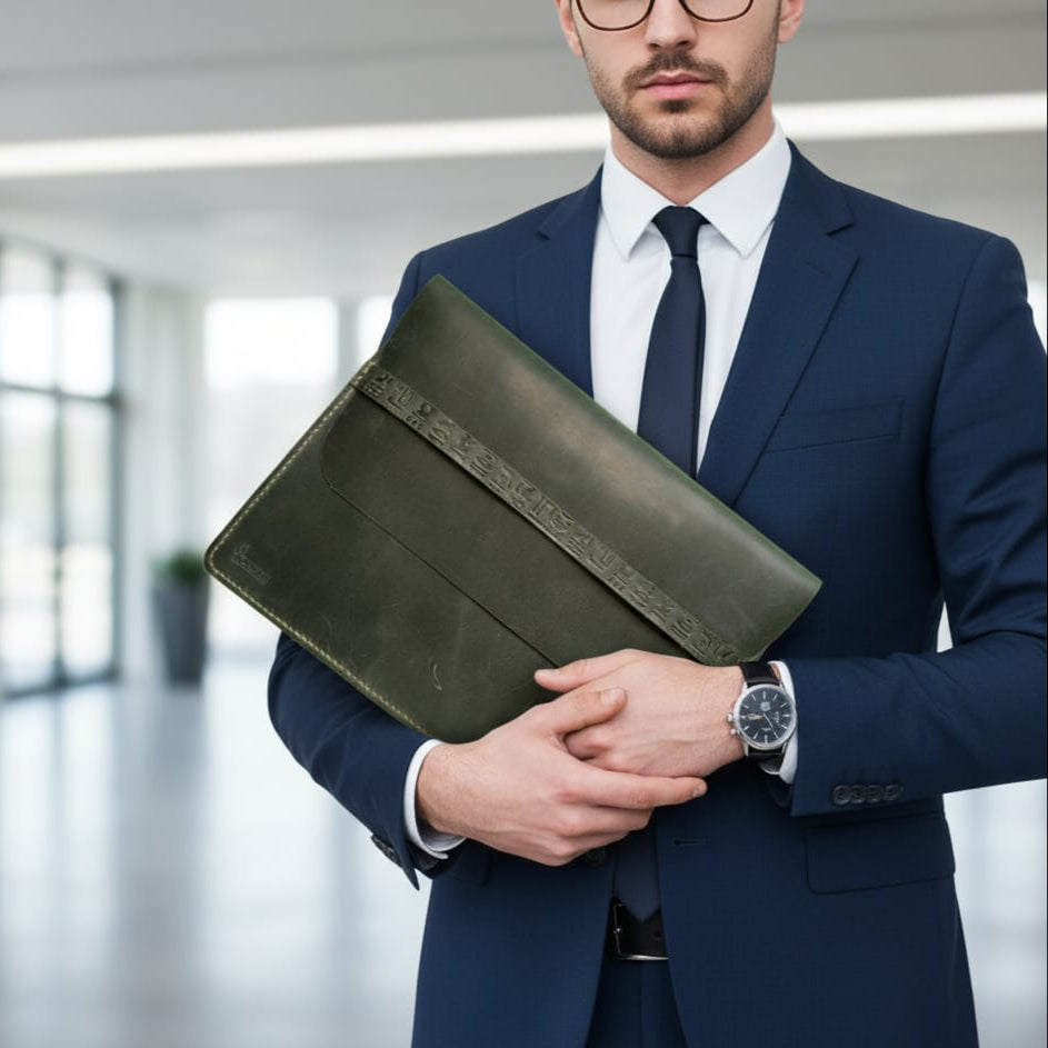 Man in a suit holding a green leather clutch bag in an office setting