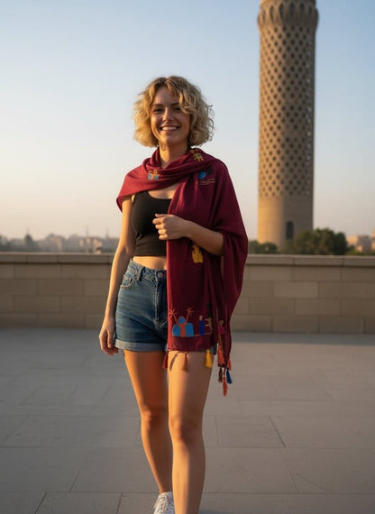 Hand-Made Cotton Scarf - Embroidered - Traditional Egyptian Colorful designs M06