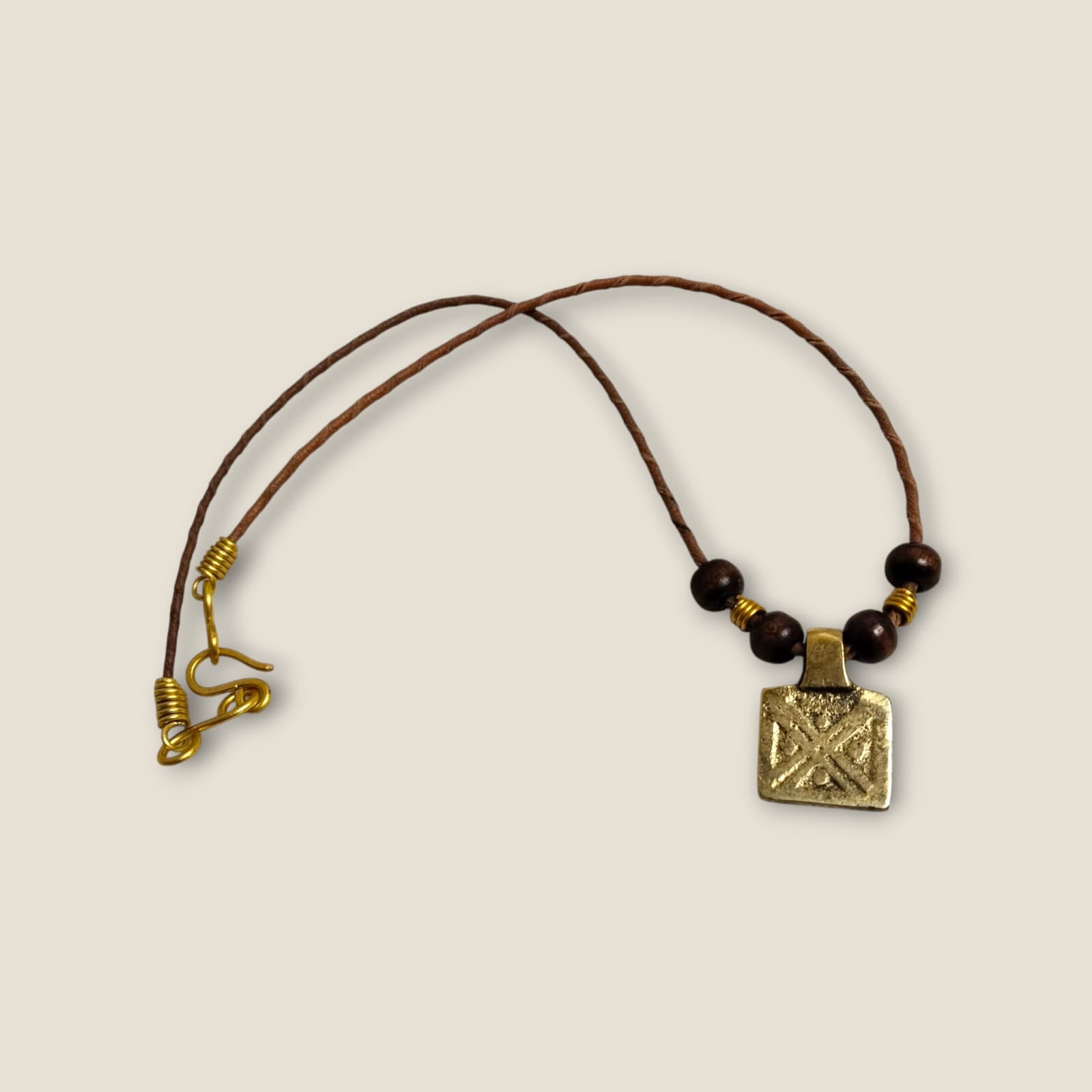 Ancient Egyptian Inspired Brass Pendant Necklace - Handcrafted Geometric Medallion with Brown Cord