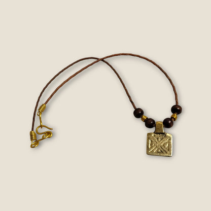 Ancient Egyptian Inspired Brass Pendant Necklace - Handcrafted Geometric Medallion with Brown Cord