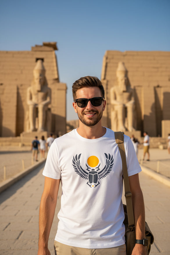 Man wearing sunglasses and a white t-shirt with an emblem in front of ancient ruins