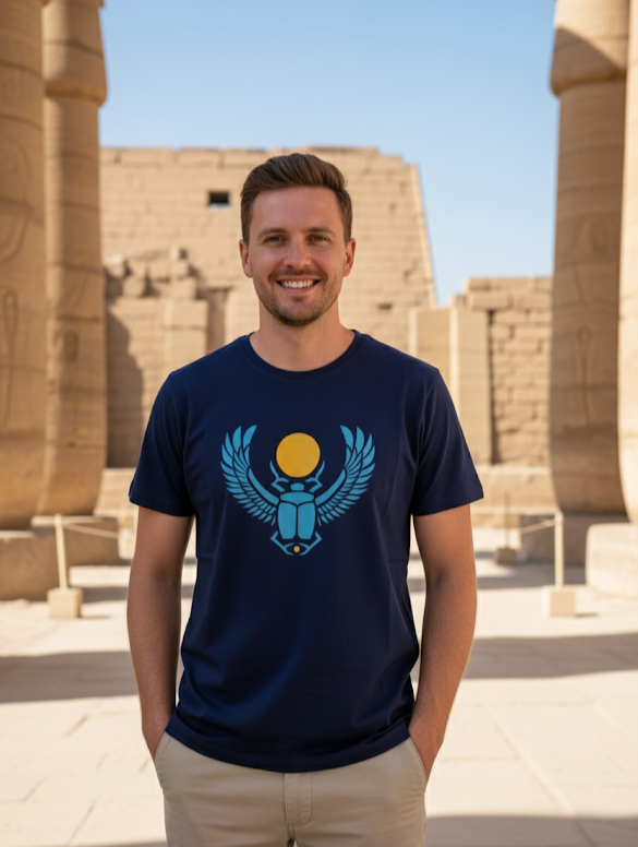 Man wearing a navy blue t-shirt with a blue and yellow graphic design in front of ancient temple columns.