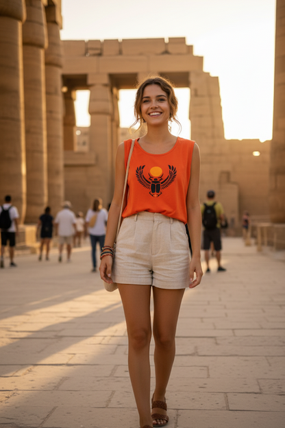 Woman in an orange top and beige shorts standing in front of ancient stone architecture.