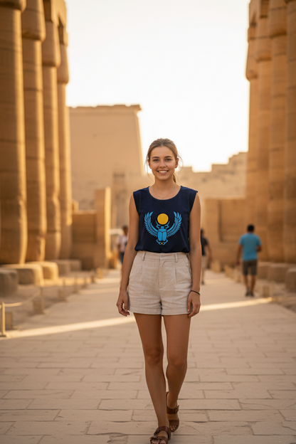 Woman standing in front of ancient temple columns wearing a sleeveless top and shorts.