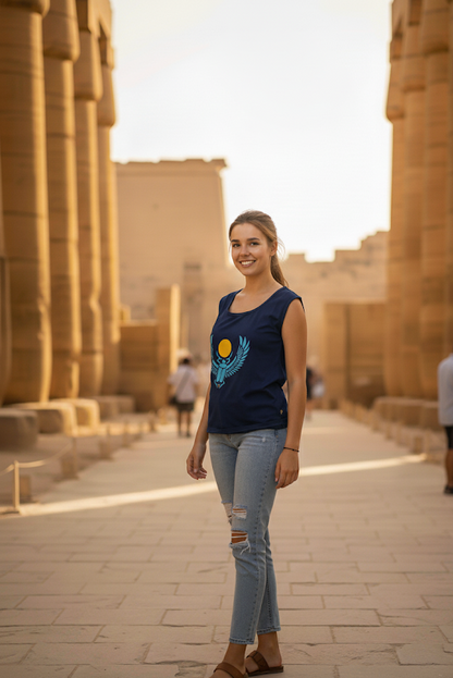 Woman standing in front of ancient temple columns wearing a blue tank top with a design.