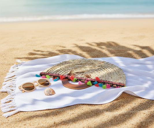 Straw hat with colorful pom-poms and sunglasses on a white towel on a sandy beach.