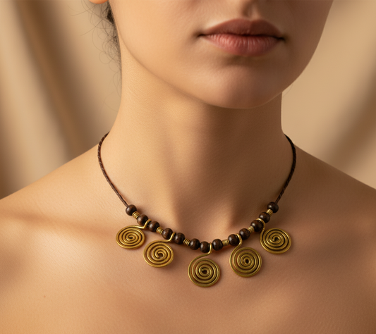 Necklace with circular gold pendants on a neutral background