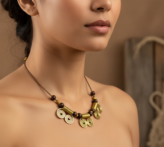 Close-up of a woman wearing a decorative necklace with a blurred background