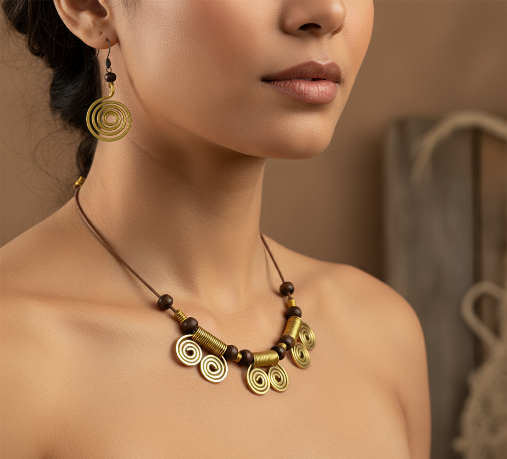 Close-up of a woman wearing an ornate gold and brown necklace and earrings against a neutral background.