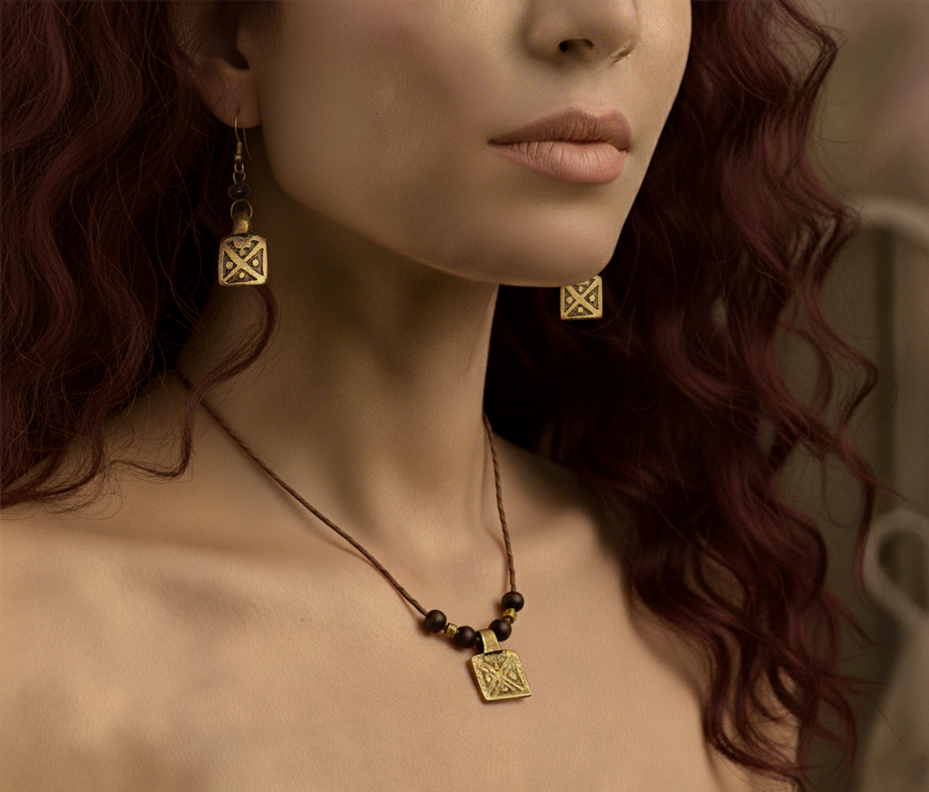 Close-up of a woman wearing gold earrings and a necklace with a neutral background