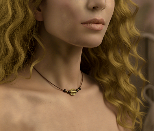 Close-up of a woman wearing a gold necklace with a leaf pendant.