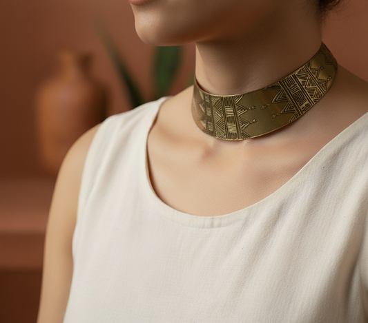 Person wearing a gold tribal-style choker necklace against a blurred background